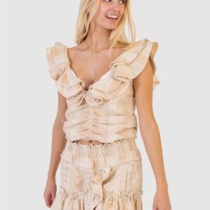 Koch Mariah Top Sea Salt Shimmer Metallic Whimsical Zip Back Ruffle Straps Sz M